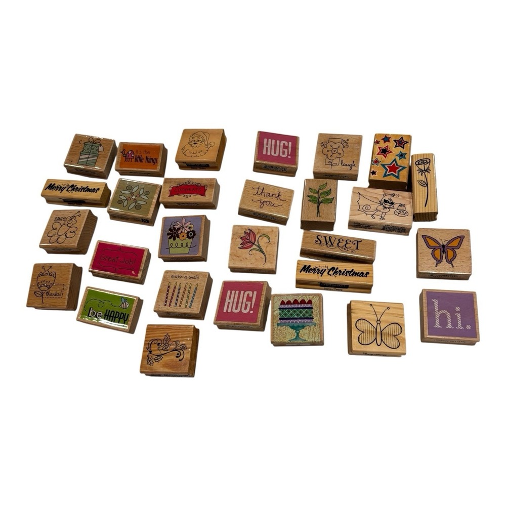 Lot Of 28 Wooden Rubber Stamps Various Brands‎ and Themes - Some Never Used